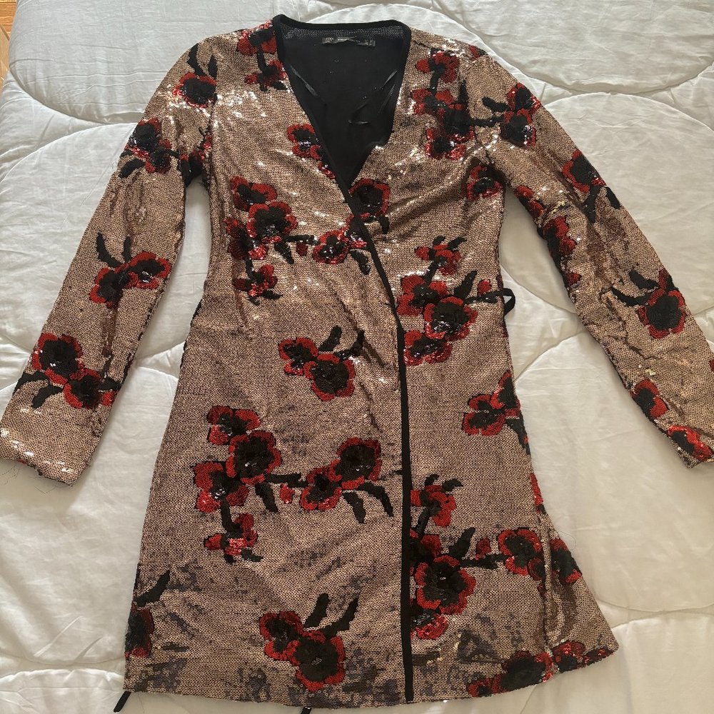 Zara Trafaluc Collection Gold Floral Sequin Wrapped Dress Womens Size Small